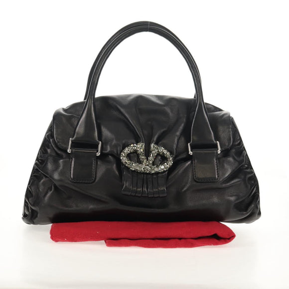 VALENTINO Handtas Leer Zwart Zilver Auth 152881A