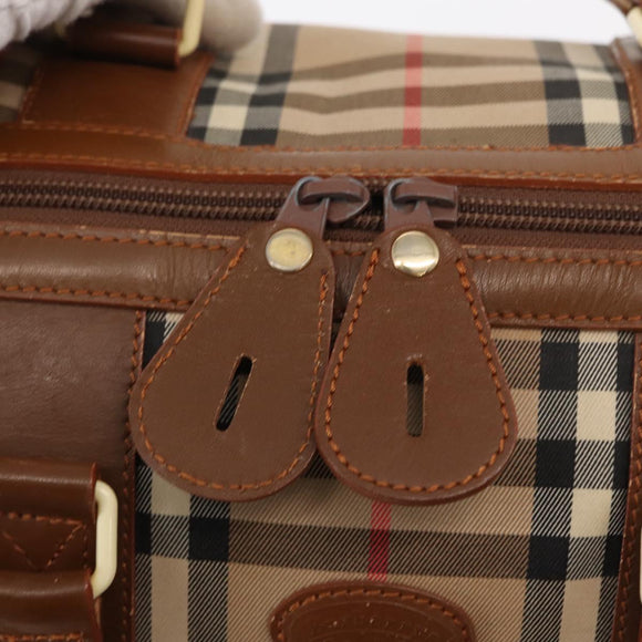 Burberrys Nova Check Boston Bag Canvas Leather Gold Beige Auth 152887