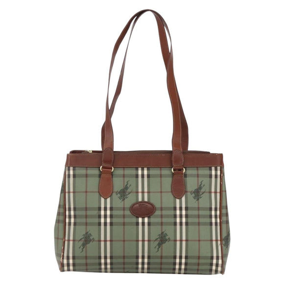 Burberrys Nova Check Tote Bag PVC Leather Green Gold Auth 152895