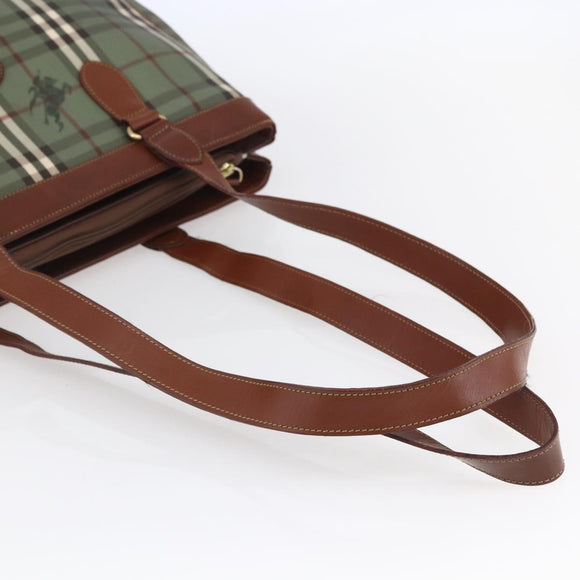 Burberrys Nova Check Tote Bag PVC Leather Green Gold Auth 152895