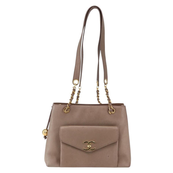 CHANEL Here Chain Shoulder Bag Lamb Skin Beige Gold CC Auth 152897