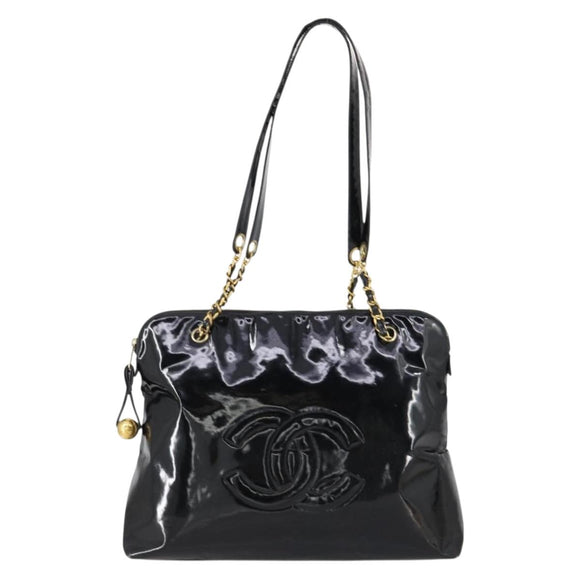 CHANEL COCO Mark Chain Shoulder Bag Patent leather Black Gold CC Auth 152898