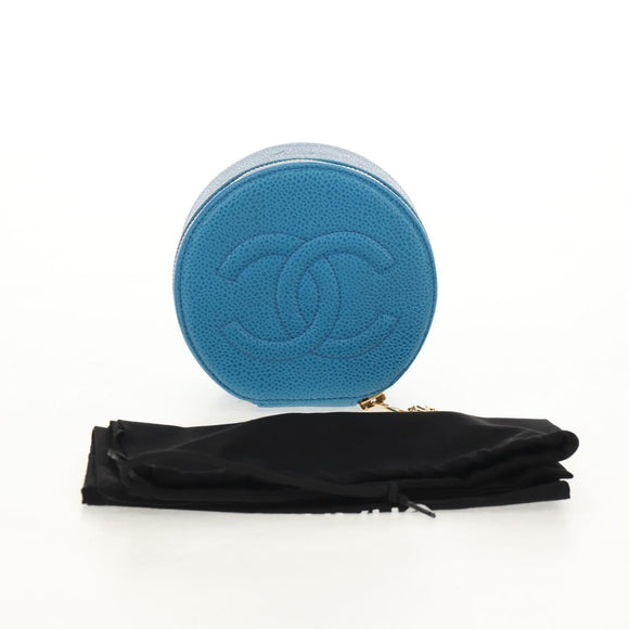 CHANEL COCO Mark Jewelry case Jewelry Box Caviar Skin Blue Gold CC Auth 152911V