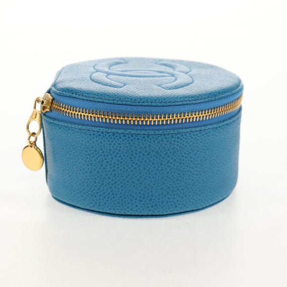 CHANEL COCO Mark Jewelry case Jewelry Box Caviar Skin Blue Gold CC Auth 152911V