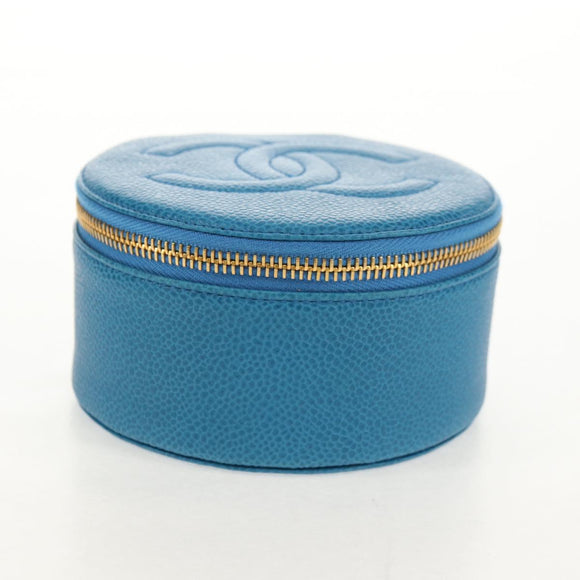 CHANEL COCO Mark Jewelry case Jewelry Box Caviar Skin Blue Gold CC Auth 152911V