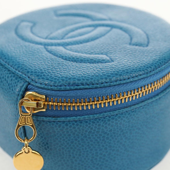 CHANEL COCO Mark Jewelry case Jewelry Box Caviar Skin Blue Gold CC Auth 152911V