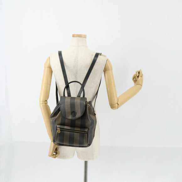 FENDI Pecan Canvas Backpack PVC Brown Black gold Auth 152942