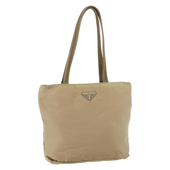 PRADA Tote Bag Nylon Beige Silver Auth 152951