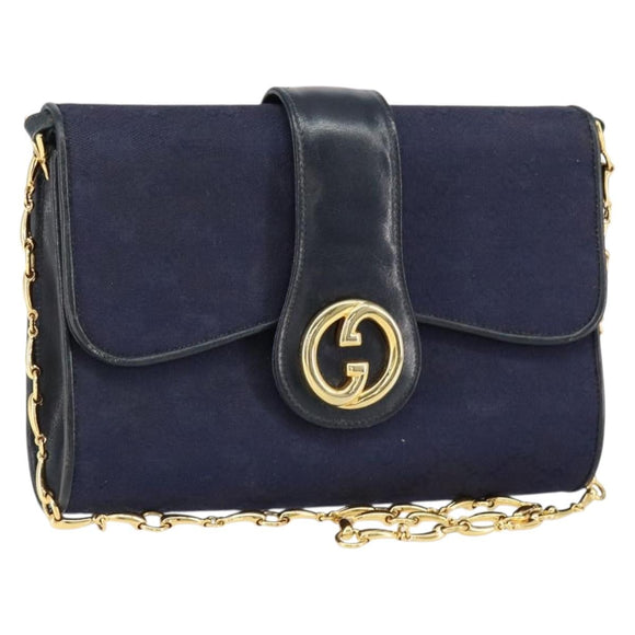 GUCCI GG Canvas Horsebit Chain Shoulder Bag PVC Navy Gold Auth 152956