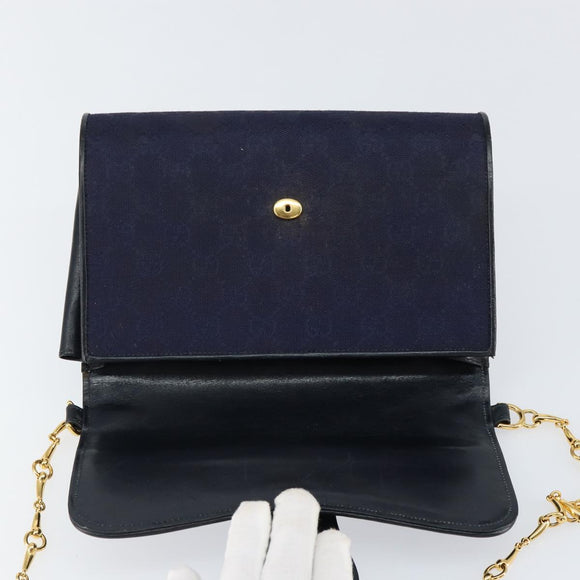 GUCCI GG Canvas Horsebit Chain Shoulder Bag PVC Navy Gold Auth 152956