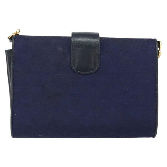 GUCCI GG Canvas Horsebit Chain Shoulder Bag PVC Navy Gold Auth 152956