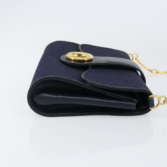 GUCCI GG Canvas Horsebit Chain Shoulder Bag PVC Navy Gold Auth 152956