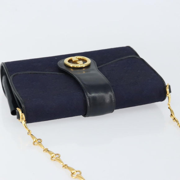 GUCCI GG Canvas Horsebit Chain Shoulder Bag PVC Navy Gold Auth 152956