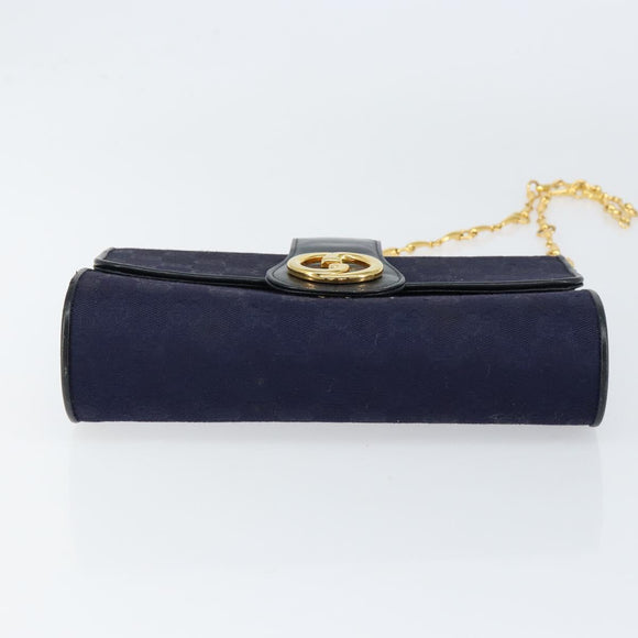 GUCCI GG Canvas Horsebit Chain Shoulder Bag PVC Navy Gold Auth 152956