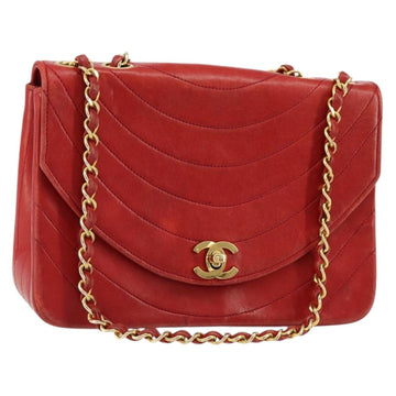 CHANEL Wave Line Chain Shoulder Bag Lamb Skin Red Gold CC Auth 152957