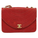 CHANEL Wave Line Chain Shoulder Bag Lamb Skin Red Gold CC Auth 152957-13