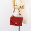 CHANEL Wave Line Chain Shoulder Bag Lamb Skin Red Gold CC Auth 152957-22