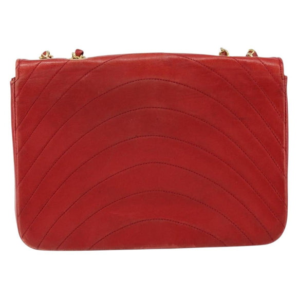 CHANEL Wave Line Chain Shoulder Bag Lamb Skin Red Gold CC Auth 152957