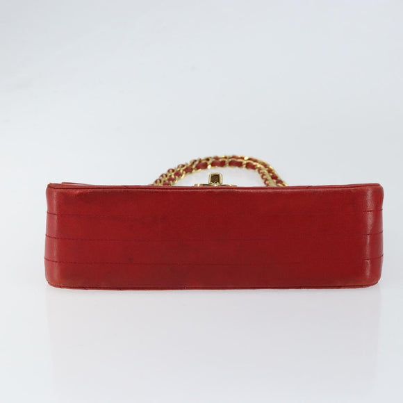 CHANEL Wave Line Chain Shoulder Bag Lamb Skin Red Gold CC Auth 152957