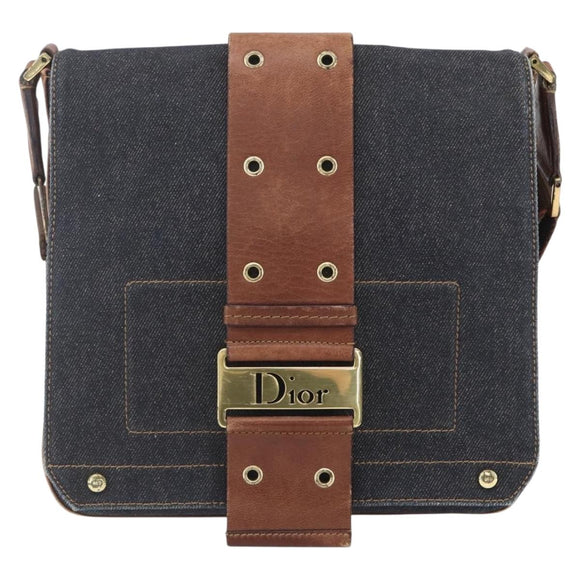 Christian Dior Street Chic Shoulder Bag Denim Leather Navy gold Auth 152959