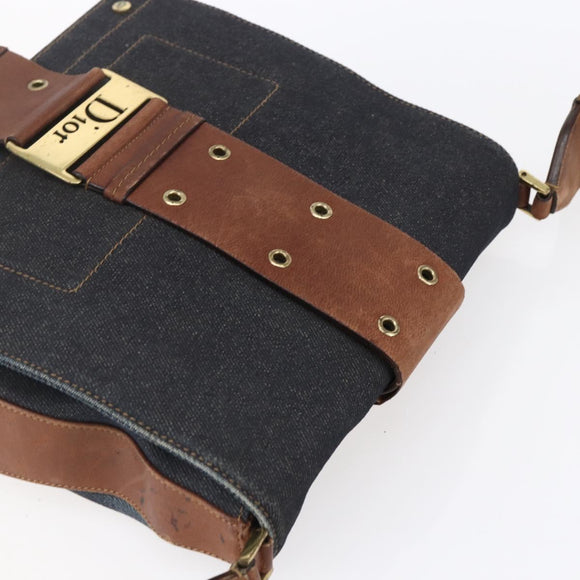 Christian Dior Street Chic Shoulder Bag Denim Leather Navy gold Auth 152959