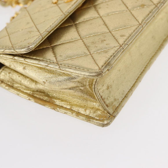 CHANEL Mini Matelasse Chain Shoulder Bag Lamb Skin Gold CC Auth 152962