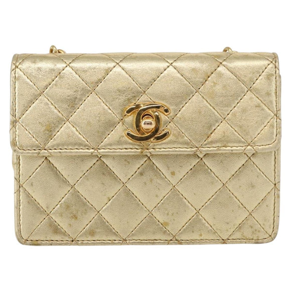 CHANEL Mini Matelasse Chain Shoulder Bag Lamb Skin Gold CC Auth 152962