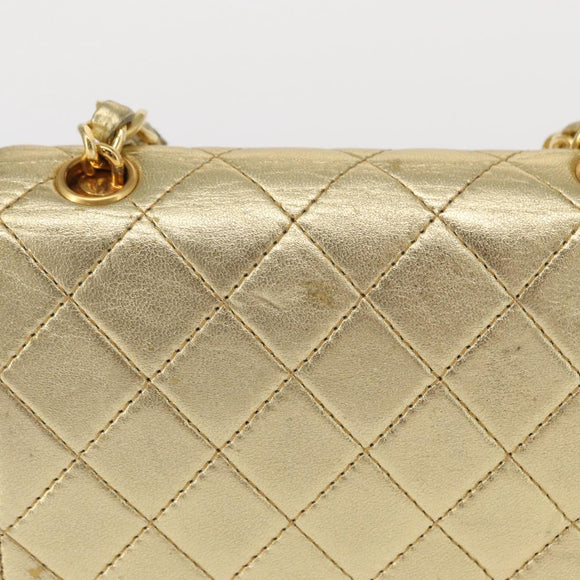 CHANEL Mini Matelasse Chain Shoulder Bag Lamb Skin Gold CC Auth 152962