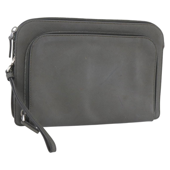 PRADA Clutch Bag Safiano Leather Gray Silver Auth 152965