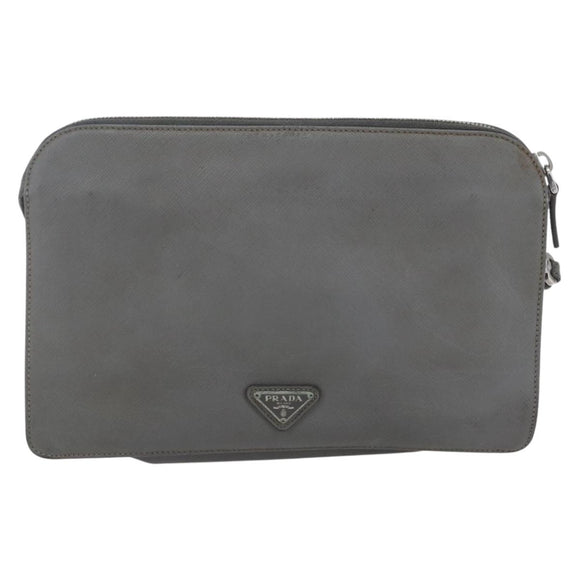 PRADA Clutch Bag Safiano Leather Gray Silver Auth 152965