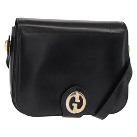 GUCCI Shoulder Bag Leather Black Gold Auth 153040