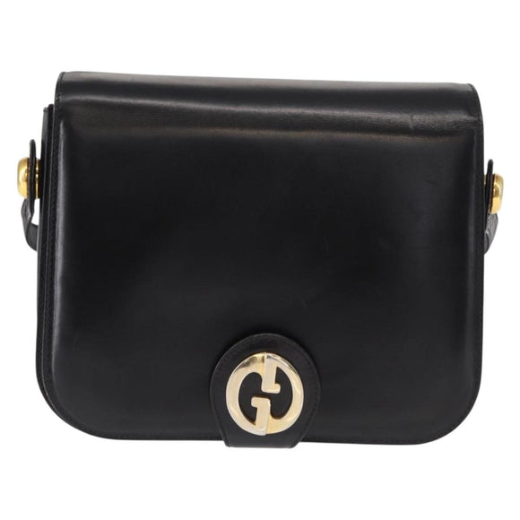 GUCCI Shoulder Bag Leather Black Gold Auth 153040