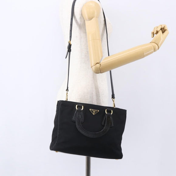 PRADA Hand Bag Nylon 2way Black Silver Auth 153044