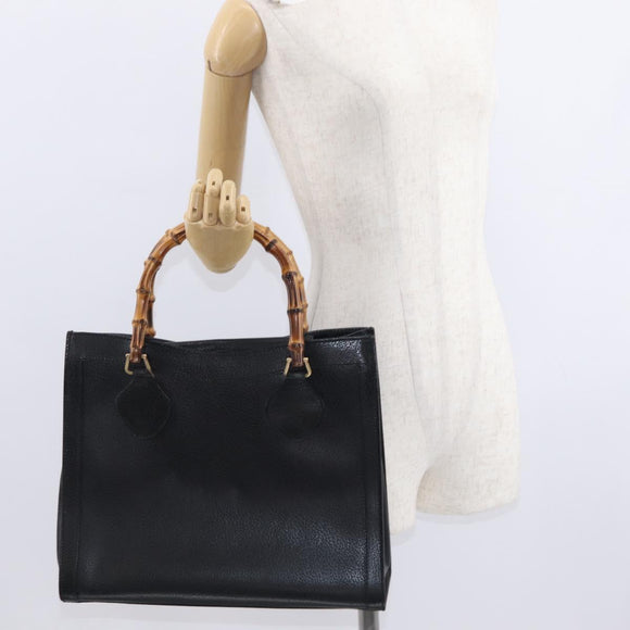 GUCCI Bamboo Tote Bag Leather Black Gold Auth 153050