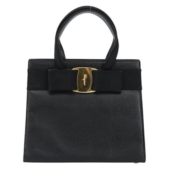 Salvatore Ferragamo Vala Hand Bag Leather Black Gold Auth 153051