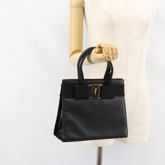 Salvatore Ferragamo Vala Hand Bag Leather Black Gold Auth 153051
