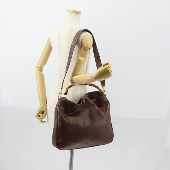 GUCCI Bamboo Hand Bag Leather 2way Brown Gold 001 1577 3754 Auth 153052