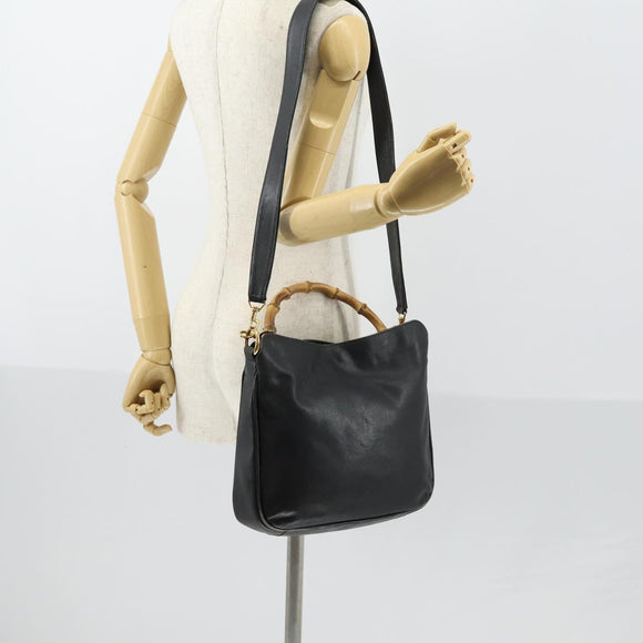 GUCCI Bamboo Shoulder Bag Leather 2way Black Gold 001 1638 Auth 153053