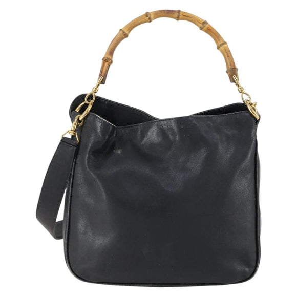 GUCCI Bamboo Shoulder Bag Leather 2way Black Gold 001 1638 Auth 153053