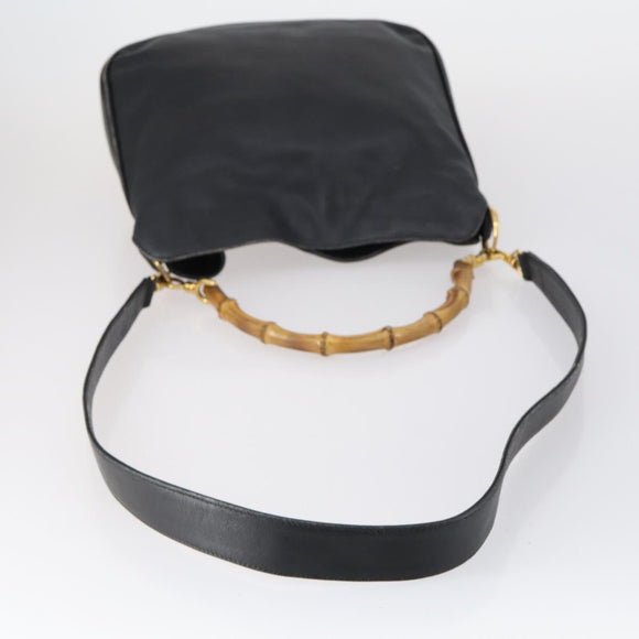 GUCCI Bamboo Shoulder Bag Leather 2way Black Gold 001 1638 Auth 153053