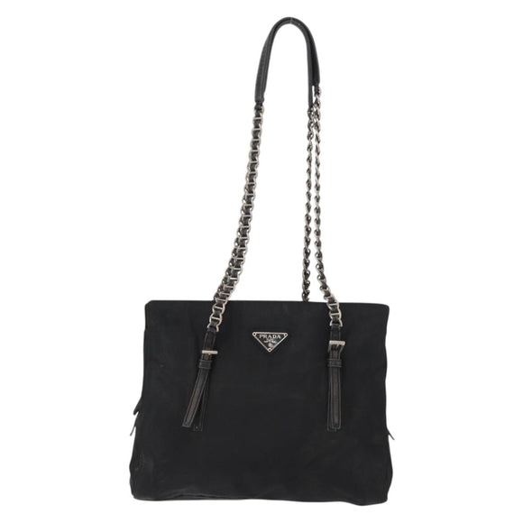 PRADA Chain Shoulder Bag Nylon Black Silver Auth 153059