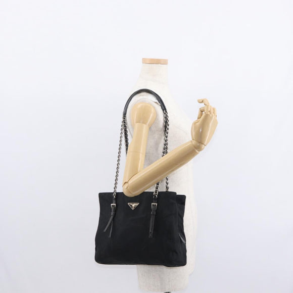 PRADA Chain Shoulder Bag Nylon Black Silver Auth 153059