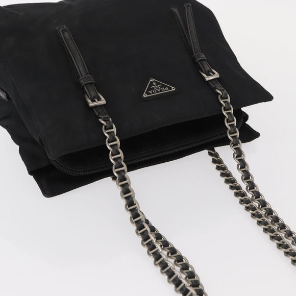 PRADA Chain Shoulder Bag Nylon Black Silver Auth 153059