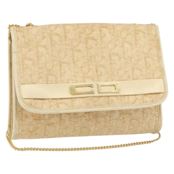 Christian Dior Trotter Canvas Chain Shoulder Bag Beige Gold Auth 153098