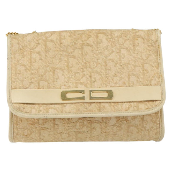 Christian Dior Trotter Canvas Chain Shoulder Bag Beige Gold Auth 153098