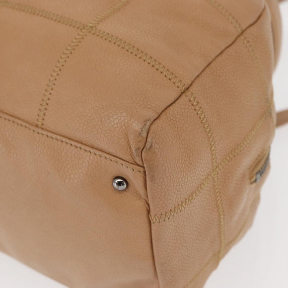 CHANEL Choco Bar Shoulder Bag Caviar Skin Beige Silver CC Auth 153112