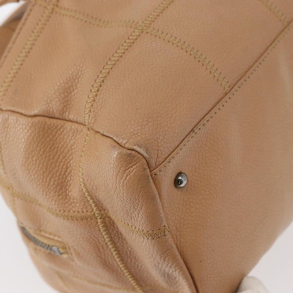 CHANEL Choco Bar Shoulder Bag Caviar Skin Beige Silver CC Auth 153112