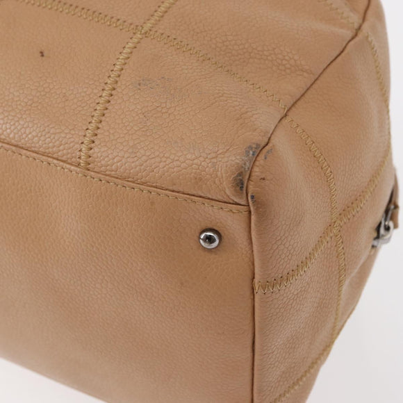 CHANEL Choco Bar Shoulder Bag Caviar Skin Beige Silver CC Auth 153112