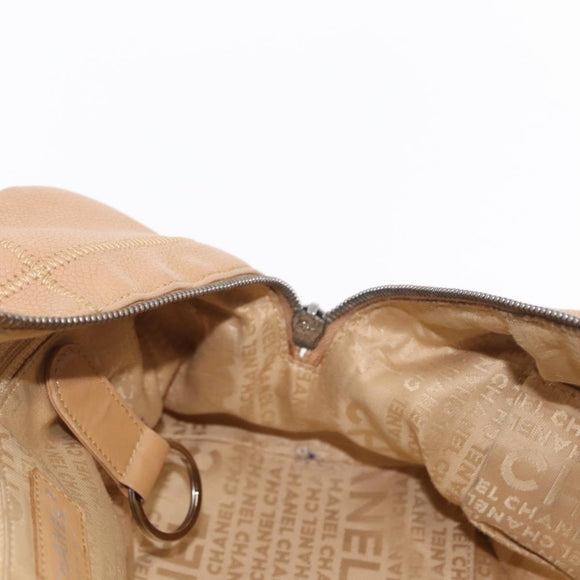 CHANEL Choco Bar Shoulder Bag Caviar Skin Beige Silver CC Auth 153112