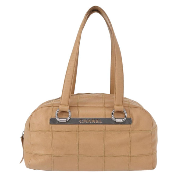 CHANEL Choco Bar Shoulder Bag Caviar Skin Beige Silver CC Auth 153112